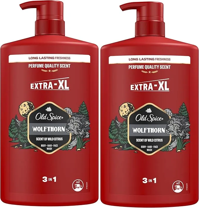 Old Spice Wolfthorn Gel De Ducha Y Champú Para Hombres 2x1000ml, Gel Para Cara, Cuerpo Y Pelo 3 En 1 Multiusos, Frescura Duradera, Fragancia Excepcional, Limpieza Profunda