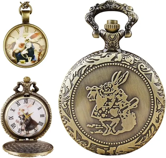 Tiong Reloj de bolsillo de Alicia en el país de las maravillas, esfera de Alicia con números romanos, relojes de bolsillo de cuarzo con cadena, regalos de Navidad y cumpleaños