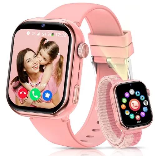 RUXINGX 4G Reloj Inteligente Niño, IP68 Impermeable Smartwatch Niños con GPS y Llamadas, Videollamada, Chat de Voz, SOS, Rosa