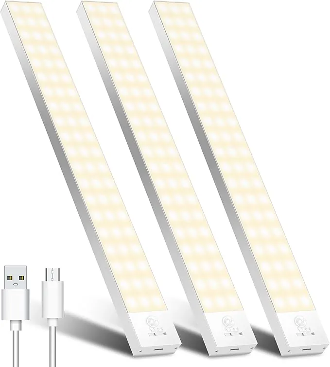 OUILA Luz LED Armario con Sensor Movimiento 3000K 60 LEDs 4 Modos Luz LED Adhesiva Magnética 1500mAh USB Recargable Luz Nocturna para Cocina, Armario, Escaleras, Pasillo, Garaje-3 Packs