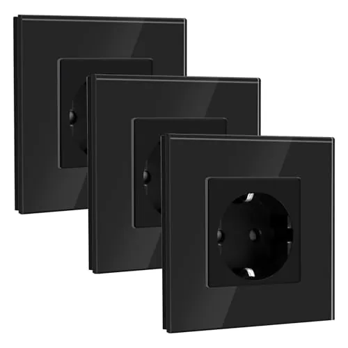 BSEED Enchufe Schuko 1 Gang 3 Pack, Enchufe de Pared 16A con Placa de Cristal 86 * 86mm, Negro