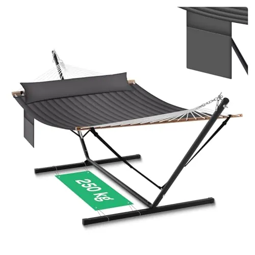 WOLTU Hamaca 2 Personas con Soporte de Metal, Hamaca Columpio para Jardín Exterior, Capacidad 250 kg, con Reposacabezas y Bolsa de Transporte, Gris Oscuro