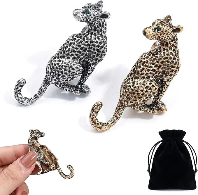 BAUCH 2 PCS Broche de Leopardo,Broches para Hombre,Dorado y Plateado,Pin de Traje Vintage de Animales,Solapa de Seguridad para Camisas