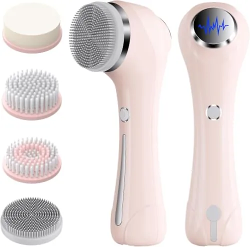 Rkdely Cepillo de limpieza facial eléctrico 2 en 1, IPX6 resistente al agua | 4 cabezales de cepillo, EMS + calor + vibración para una piel tensa. 120 minutos, limpieza profunda para todos los tipos de