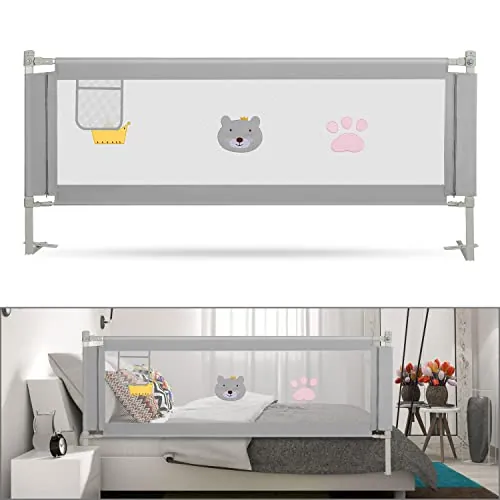 Tubiaz 200CM Barrera Seguridad Niños Cama, Altura Regulable 70-98cm, Barrera Cama niños con protección contra caídas, Barandilla Cama niño Plegable, Fácil de Montar, Acabado Gris Bordado