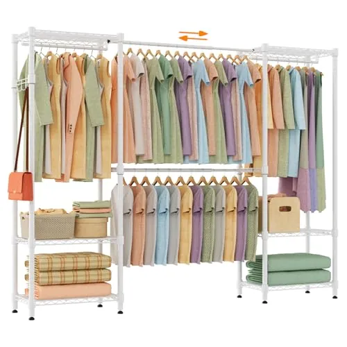 Himimi Perchero Telescópico con 4 Barras para Ropa, Armario Estable de Alta Capacidad con 6 Estantes Metálicos y 1 Gancho, Altura Ajustable, Sistema de Armario Abierto, A(182-240) x H180 cm Blanco