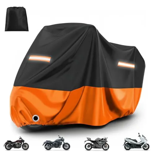 Favoto Funda para Moto y Scooter - Cubierta Impermeable y Anti-UV con Orificio para Candado, Lona de Protección Exterior e Interior, Negro y Naranja, 245x105x125cm