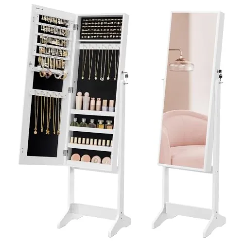 SONGMICS Espejo Joyero, Armario para Joyas, Armario Joyero Bloqueable, Espejo de Longitud Completa, Idea para Regalo, Montaje Sencillo, Superficie Blanca y Forro Negro JJC69WT
