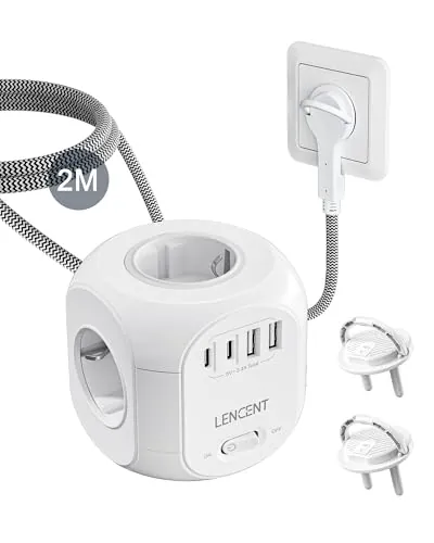 LENCENT Cubo Regleta Enchufes 2M con Enchufe Plano Regleta para Uso Interior, Regleta Enchufes Plano con 4 Tomas de CA, 3 USB, 1 Tipo C y 2 Cubiertas Protectoras para Familia, Cocina y Oficina