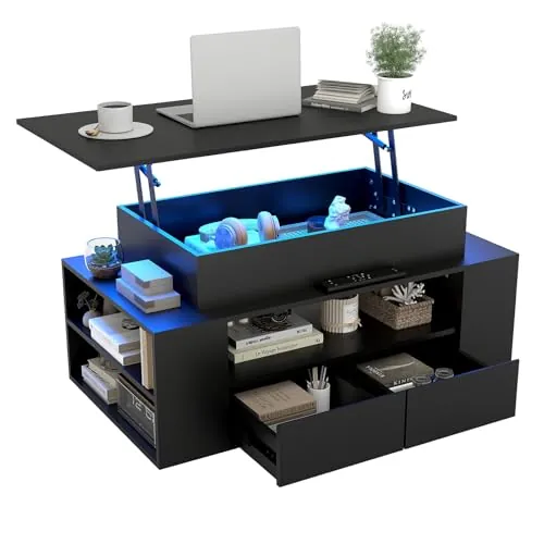 YU YUSING Mesa de Centro Elevable y Extensible con Luz LED, Amplio Espacio