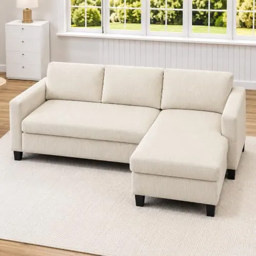 HOMCOM Sofá Chaise Longue Sofá de 3 Plazas de Pana para Salón 214 cm Beige | En Forma de L, Asiento y Respaldo Acolchados