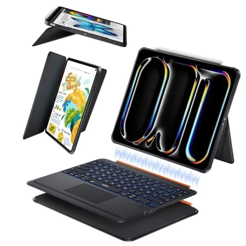 WIWU Funda Teclado para iPad Pro 13 M4/M5 2024/2025 Carcasa Magnética 3 en 1 Desmontable Teclado con Touchpad Soporte Ajustable Teclas Retroiluminadas 7 Colores (Negro, iPad Pro 13"(M4/M5 2024/2025)