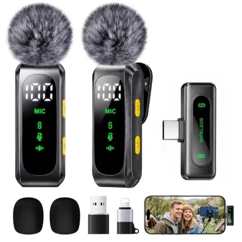 Micrófono Inalámbrico Mini para iPhone, Android y PC, Micrófono de Solapa Plug & Play con Reducción de Ruido, Indicador de Batería y Paravientos para Vídeo, Streaming y Reuniones, Negro