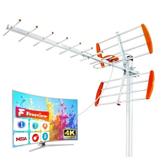 Antena TDT Exterior para Smart TV – Antena TV HD 4K/1080P con Recepción UHF/VHF Estable, Resistente a la Intemperie, Cable Coaxial de 10 m, Instalación en Tejado o Ático, Mástil No Incluido (Naranja)