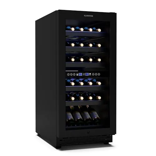 KLARSTEIN Vinovilla 30 Duo nevera para vino 2 zonas - 32 botellas, 5-18°C, LED-Touch, Silencioso 39 dB, negro mate, empotrable, refrigerador de vino Iluminado
