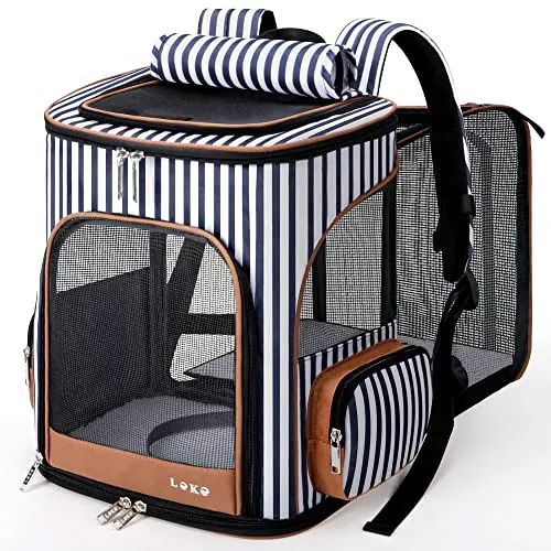 Lekesky Transportin Gato Mochilas para Gatos y Perro Bolsa para Mascotas Expandible Mochila Gato para Automóvil/Avión (Rayas, XL)