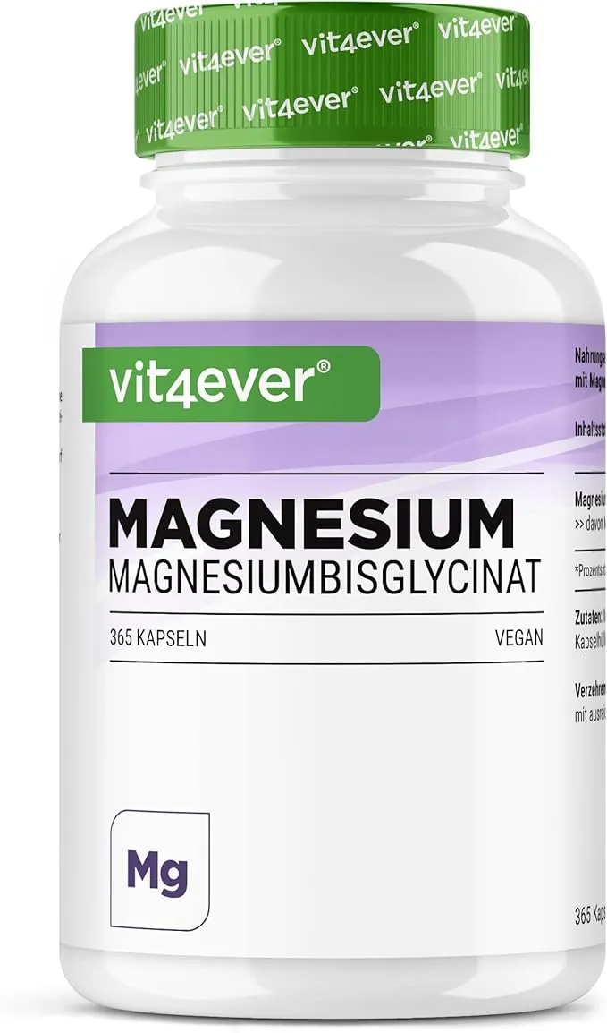 Bisglicinato de Magnesio - 365 Cápsulas - 300 mg de Magnesio Elemental por dosis diaria - Premium: Magnesio Quelado - Vegano - Alta Dosis