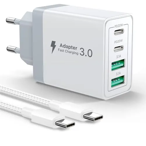 Aioneus Cargador USB C, 40W Cargador USB Movil Carga 4 Puertos Enchufe iPhone Carga Rapida con 2M Cable USB C para iPhone 17 16 15 Pro MAX, Samsung, iPad