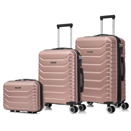 RAYKONG Conjunto de 3 Maletas|Neceser 29x35x16.50cm|Maleta Cabina ABS+PC 55x40x20cm|Mediana Expandible 20kg-23kg - 66x45x27.50-30cm | RosaDorada