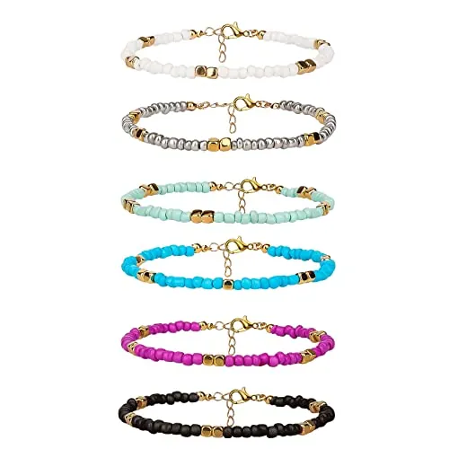 SAVITA Pulseras de tobillo con cuentas hechas a mano, perlas de vidrio bohemias coloridas tobilleras cadena ajustable regalos de hilo elástico, One Size, Hierro, perla de cristal