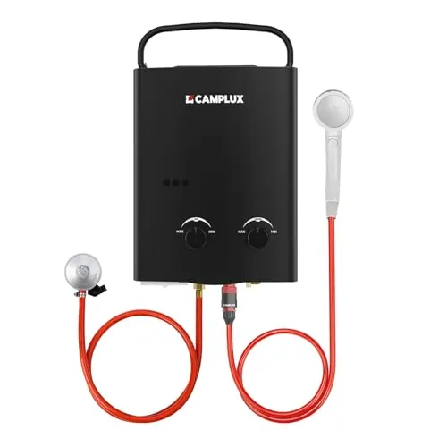 Camplux AY132B Calentador de Agua de Gas sin Tanque con Asa Plegable Portátil, 5L/min, para el Viaje, RV, Campamento, Caballos, Negro