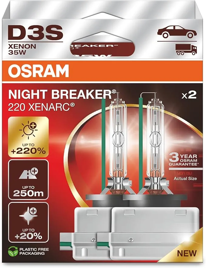 OSRAM XENARC NIGHT BREAKER 220, D3S, +220% más brillo, lámpara de faro de xenón, 66340XN2-2HB, Caja plegable (2 lámparas)