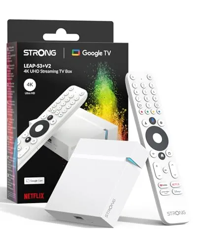 STRONG Leap-S3+V2 Streaming Smart TV Box 4K UHD – 2 GB RAM + 16 GB Memoria, HDR10+ & Dolby Vision, WiFi 5 & BLE 5, Puerto Ethernet (RJ45), Asistente de Voz, Blanco