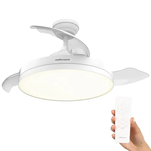 Mellerware - Ventilador de techo retráctil Brizy plegable de 40 W | 6 velocidades | 3 aspas | Ø 106 cm | Motor DC ultra silencioso | Temporizador | Función verano invierno | Luz LED