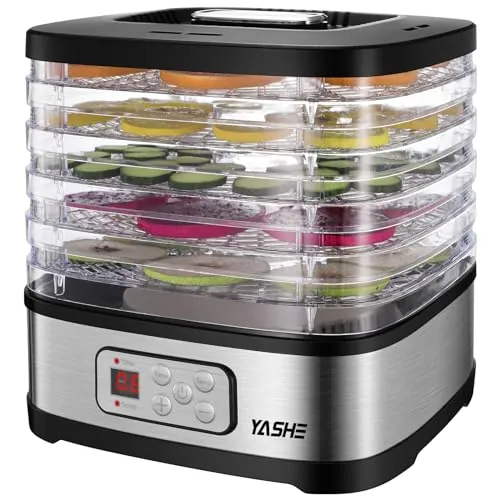 YASHE GGJ-261B Deshidratador de Alimentos, Control de Temperatura de 35 a 70°C y Temporizador de 72 Horas, 5 Bandejas de Altura Ajustable, Deshidratador de Frutas y Verduras, 240 Vatios, Sin BPA