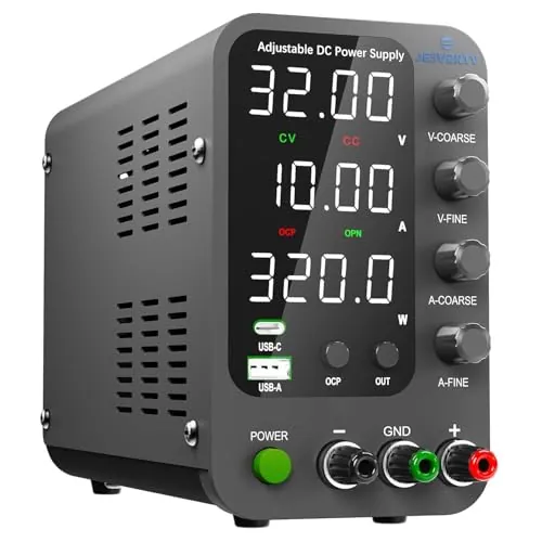 Fuente de alimentación CC Variable, 0-32V 0-10A Fuente de alimentación de Banco regulada CC con Carga rápida USB y Tipo C, Perilla codificadora,Interruptor de Encendido/Apagado de Salida Jesverty