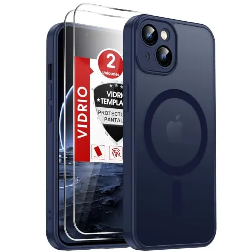 LeYi Funda Magnética para iPhone 13 con 2× Cristal Templado, Azul | Compatible con MagSafe Mate Carcasa Translúcido Esmerilado Grado Militar Antigolpes Case