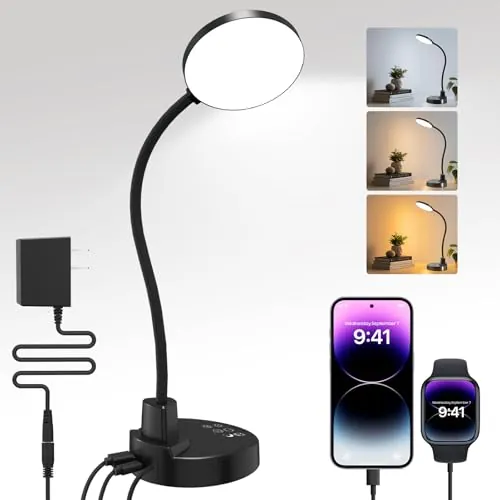 ZAPLIT Lámpara de escritorio LED de 15W con USB-A y USB-C – Regulable, 3 temperaturas de color, 5 niveles de brillo, 4 temporizadores, cuello de cisne flexible de 360°, protección de los ojos