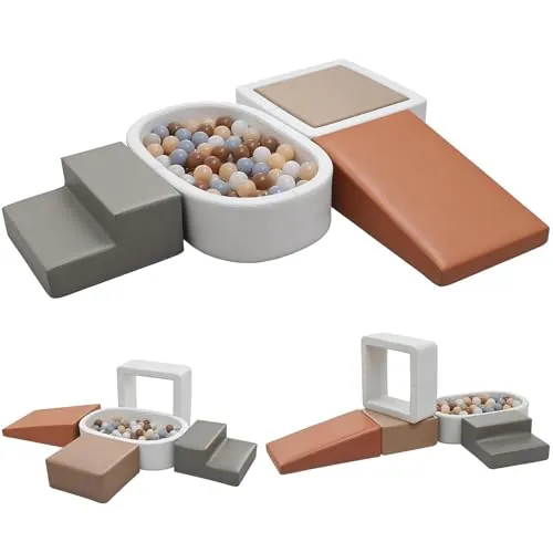 Juego de 5 Bloques de Espuma para Niños: Cuero sintético Bloques Psicomotricidad Infantil con Piscina de Pelotas(Sin Pelotas)- Set de Escalada Suave Ligero para Interior Infantil para Escalar y Niños
