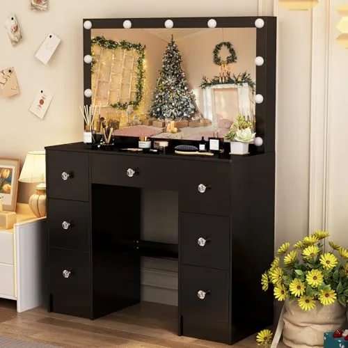 Saimeihome - Tocador con iluminación y espejo, mesa de maquillaje ajustable con cajones y compartimentos, tocador blanco para dormitorio 100x40x140 cm Dec76