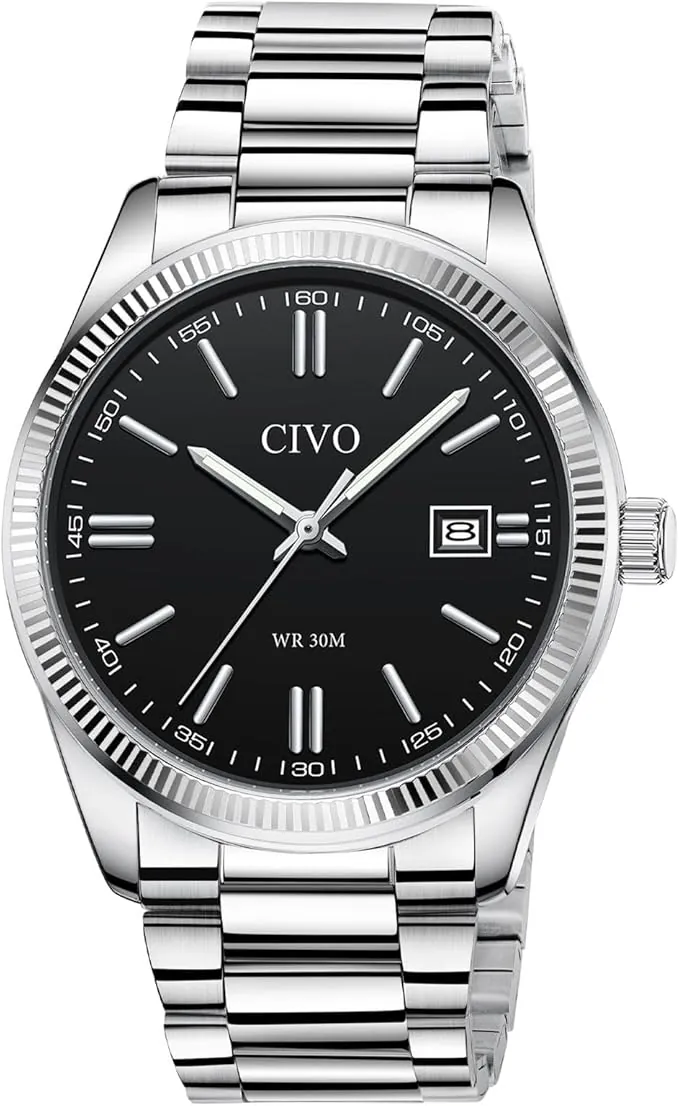 CIVO Reloj Hombre Analógico Business: Reloj de Cuarzo Impermeable de Acero Inoxidable o Cuero - Esfera Clara con Agujas Luminosas y Fechador para Hombres Negocios Profesionales