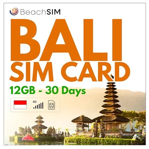 BeachSIM Tarjeta SIM Bali 30 días.12GB de Datos a velocidades 4G/5G. Solo SIM de Datos prepago. Activación rápida. Fácil Recarga. Funciona en Toda Indonesia.
