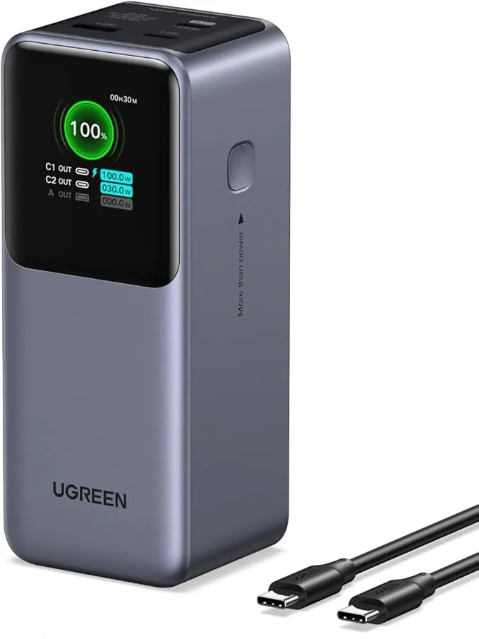 UGREEN Nexode Pro 130W Power Bank 20000mAh Batería Externa USB C Carga Rápida PD3.0 100W 3 Puertos Cargador Portátil PC Pantalla TFT Compatible con iPhone 17 16 15 14 Galaxy S25 S24 S23 MacBook iPad