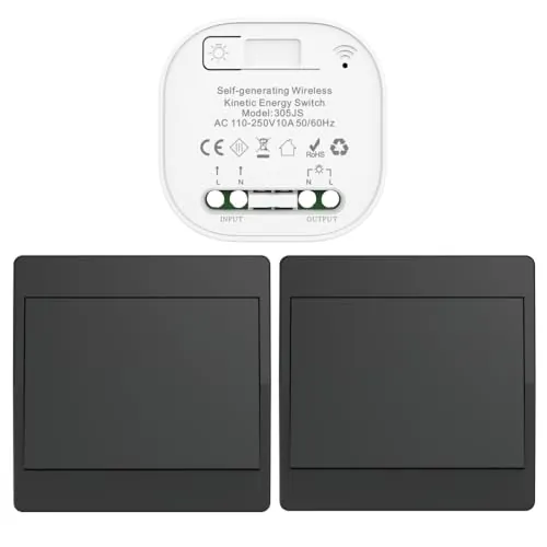Cerhot de interruptor inalámbrico cinético negro RF quinético interruptores inalámbricos de control simple y doble sin batería mando a distancia radio interruptor inalámbrico (Negro 1Gang 2V1 UE)
