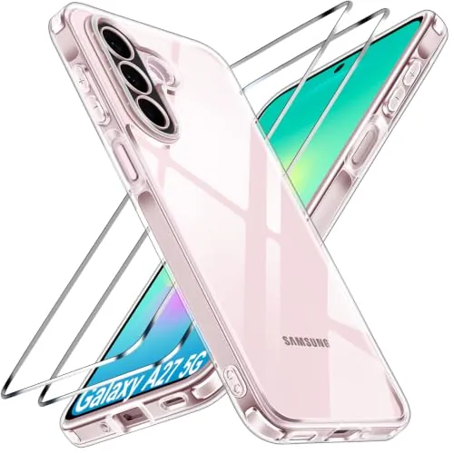 ivoler Anti-Amarillo Clara Funda para Samsung Galaxy A27 5G con 2 Piezas Cristal Templado, [Protección Militar] Carcasa Protectora Antigolpes Transparente Anti-Choques Bumper Case
