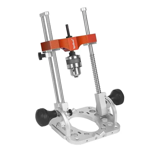 SpeTool Soporte de taladro para destornillador con rodamientos de bolas, barras guía, portabrocas de 1/2 pulgadas, soporte ajustable de 0 a 60°, soporte móvil para taladros rectos, trabajo de madera