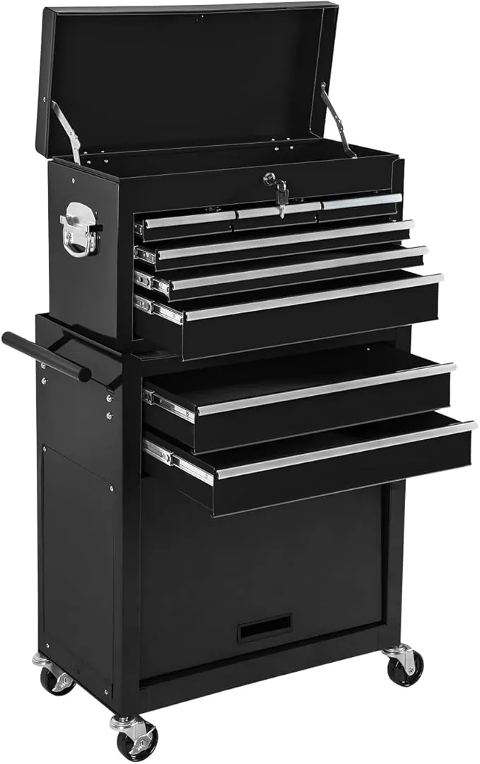 tectake® Carro Herramientas, Cajón Extraíble, Cerradura, 10 Compartimentos, Frenos, Alfombrillas Antideslizantes, Robusto, Carro Taller Completo, Carrito Auxiliar, Organizador Herramientas - Negro