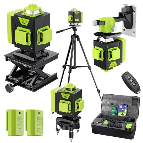 Nivel Laser Autonivelante 360 Grados, Nivel Láser Verde 16 Líneas, 2 x 360 Horizontal y 2 x 360 Verticales, 2 x Batería, Montaje en Pared, Control Remoto, Base Magnética, Soporte Giratorio, Trípode