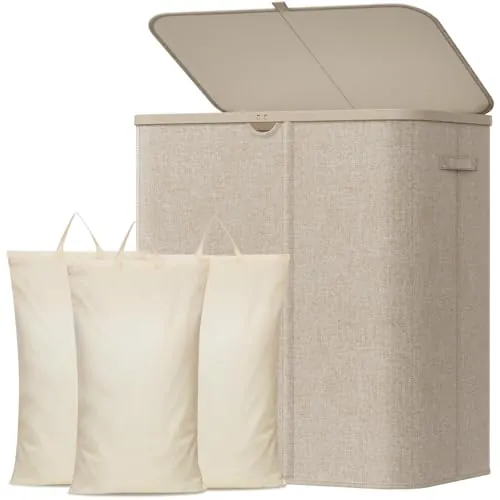 Lifewit Cesto Ropa Sucia, Cesta Ropa Plegable con Bolsa Extraíble y Asa, Cubo Sucia con Tapa, Laundry Basket para Dormitorio, Baño, Lavandería, Dormitorio, 165 L, Beige