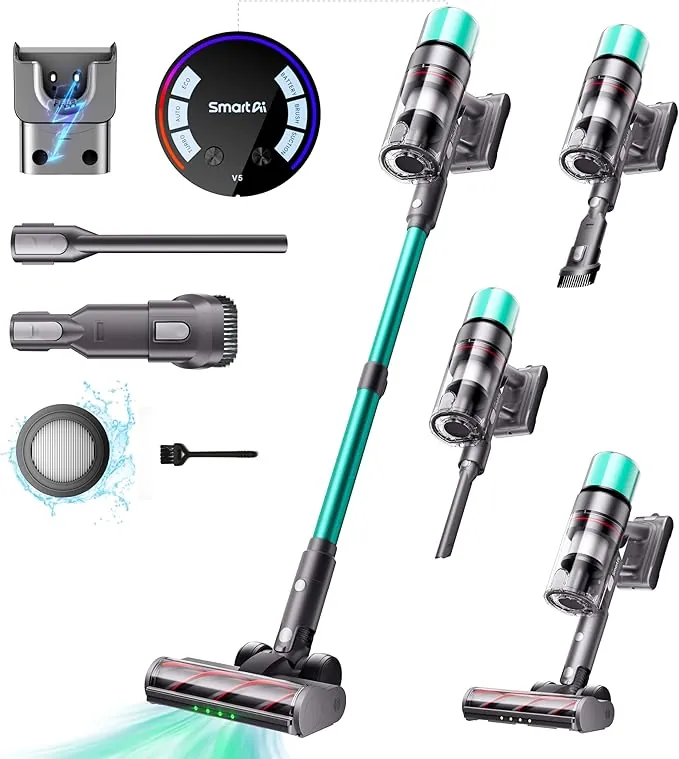 V5 Aspiradora sin Cable, 55Kpa/600W/80Mins Aspirador Escoba Vertical Potente con Modo Automático, Alta Capacidad Batería Aspirador Inalámbrico Antienredo para Suelo/Alfombra/Pelos de Animales