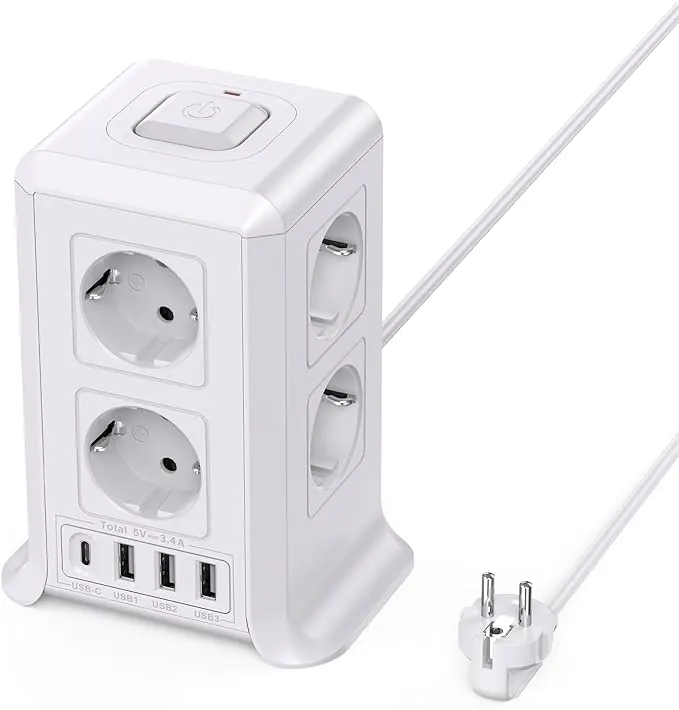 Torre Regletas Enchufes, Regleta USB 8 Tomas de AC y 4 USB Enchufe Multiple, 2500W/10A,Regleta Enchufes Proteccion Sobretension,2M Regreltas Vertical con Interruptor para,Casa, Mesa, Oficia, Blanco