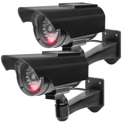 GOMETY Cámara falsa falsa de seguridad para interiores y exteriores, 2 unidades, funciona con energía solar, con LED rojo intermitente, color negro