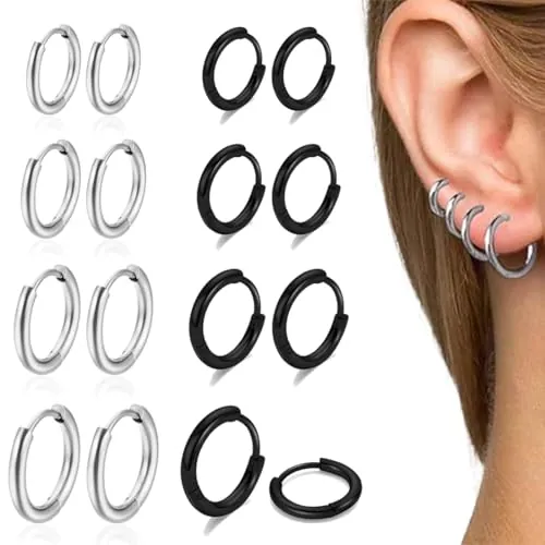 VONJUMA 8 Pares Pendientes Aro De Acero Inoxidable Para Hombre Y Mujer Pendientes Redondos Pendientes De Cartílago Nariz Labios Anillos Hipoalergénicos Talla Única Acero 8/10/12/14Mm Negro Plata