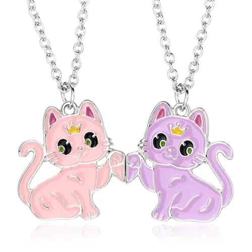 JEYORZY 2x Collares de Amistad para Niñas, Collares de Mejores Amigas, Collars Bff, Collar Mujer Gato, collar colgante niñas gato amistad collar, Personalizados Accesorios de Amistads, Rosa púrpura