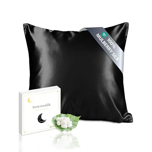 townssilk- Funda de Almohada 100% de Seda de Morera, cuida el Cabello y la Piel, Ambos Lados de Seda de 19 Momme, 1 Unidad,Negro， 60x60cm