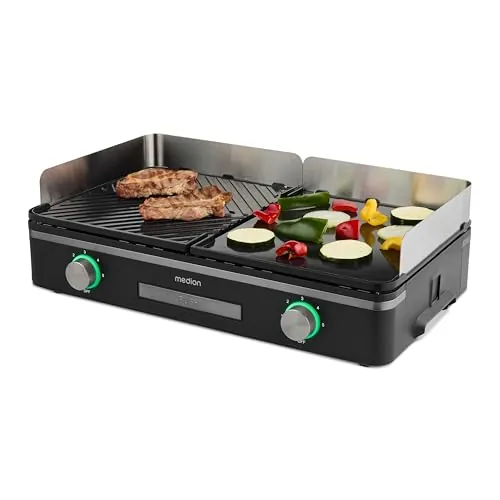 MEDION Parrilla de mesa con sistema de doble zona (2400 W, 2 placas desmontables, control de temperatura individual, indicador LED, protección IPX4), MD12027